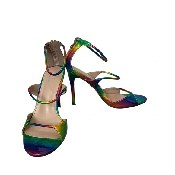 I.D Required Metallic Rainbow Colored Iridescent Strappy Heels Size: 10 Wide - Picture 8 of 8
